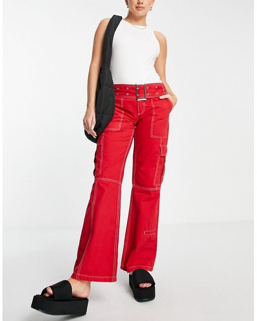 Asos Design belted combat flare pants in with contrast stitch