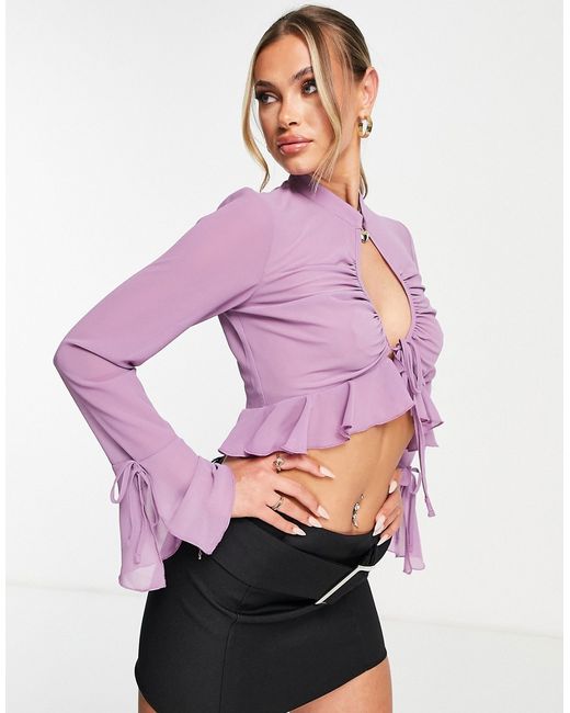 Asos Design long sleeve blouse with keyhole front and ruffle hem in
