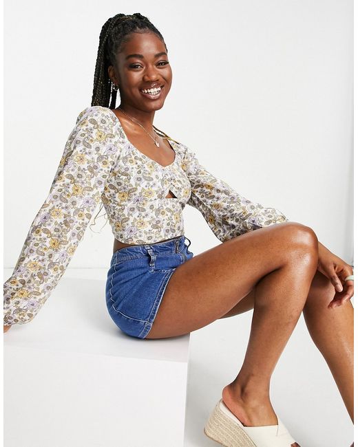 Hollister melrose retro floral cut out long sleeve crop top in