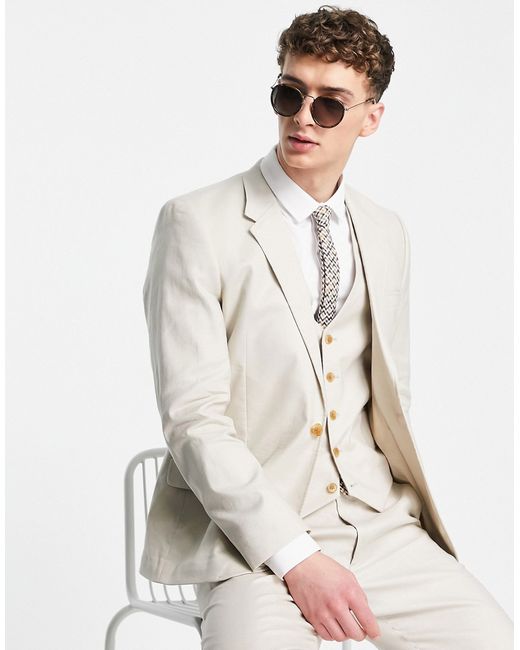 Asos Design skinny linen mix suit jacket in stone-