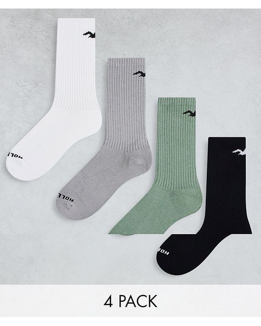 Hollister 4 pack back icon logo elevated essentials crew socks in black/beige/gray/white-