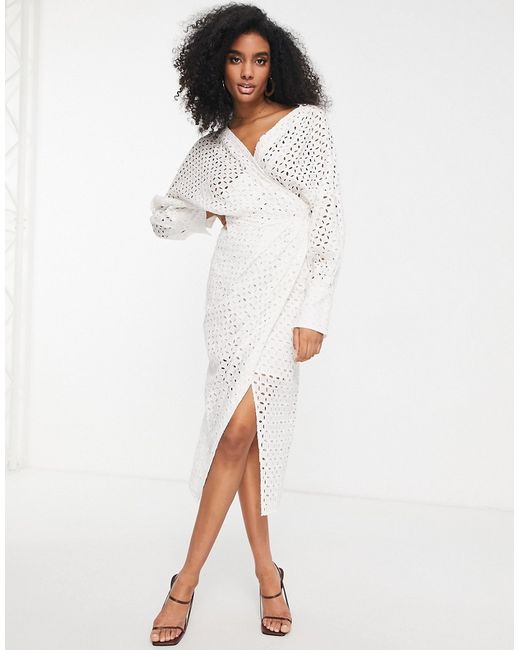 ASOS Edition wrap front broderie midi dress with blouson sleeve in