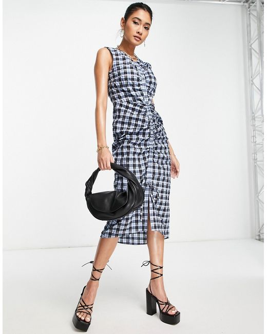 Whistles sleeveless midi dress with ruched front in check