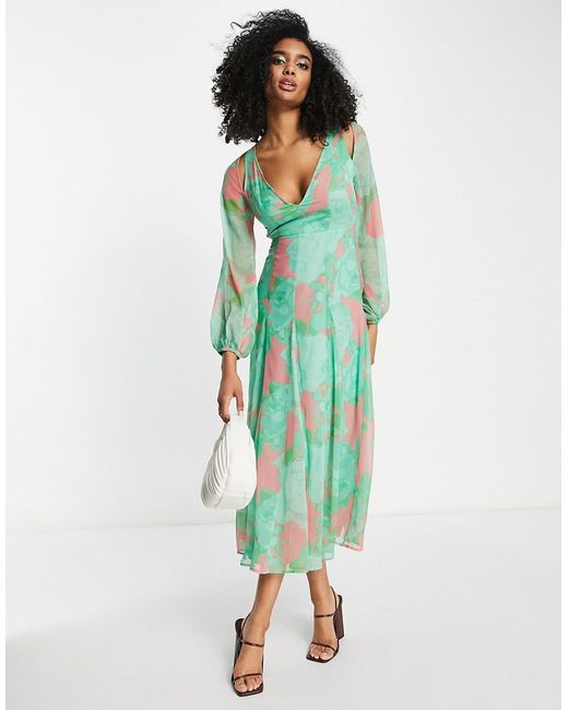 Asos Design longsleeve backless cutout maxi dress with godets in abstract floral print-