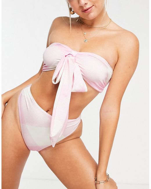 Asos Design high waist bikini bottom in pink gingham print-