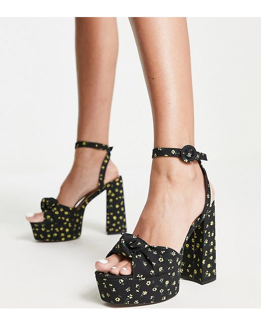 Asos Design Wide Fit Note knotted platform heeled sandals in black floral-
