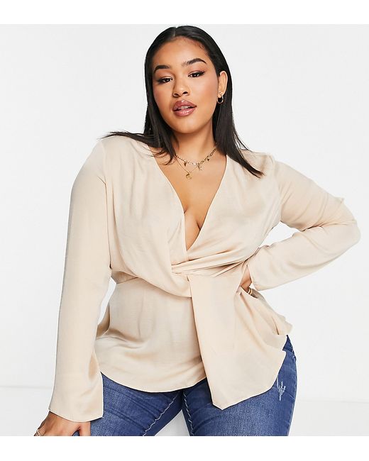 Asos Design Curve satin twist front blouse with flared sleeve in champagne-