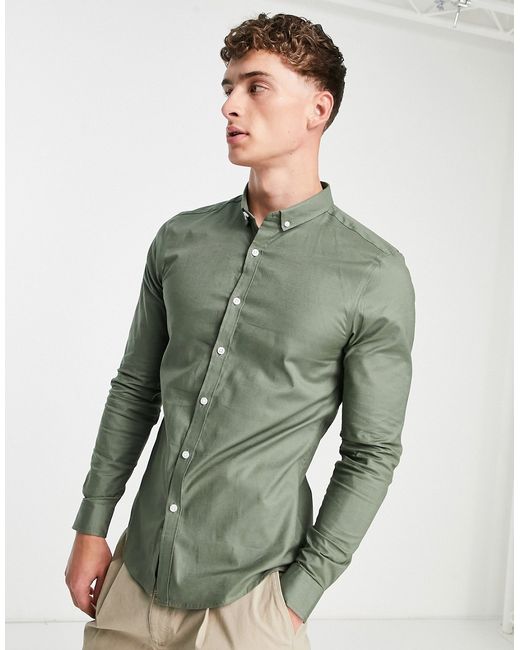 New Look smart long sleeve muscle fit oxford shirt in khaki-