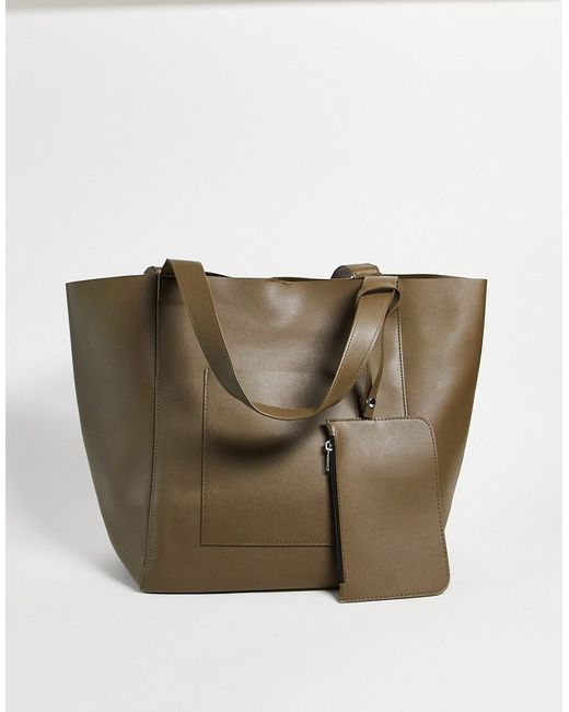 Asos Design oversized tote bag in khaki faux leather with detachable wallet-