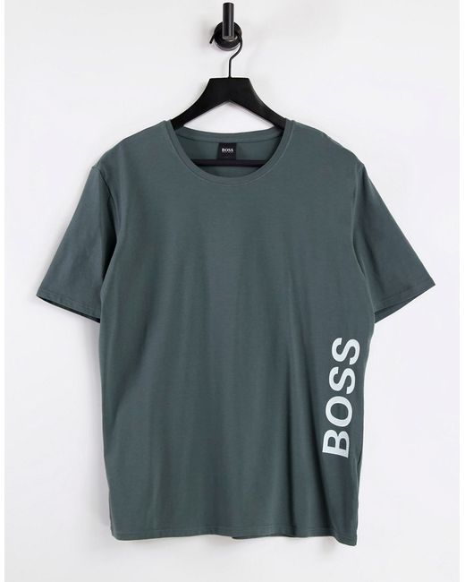 Boss Bodywear Identity vertical contrast logo t-shirt in khaki-