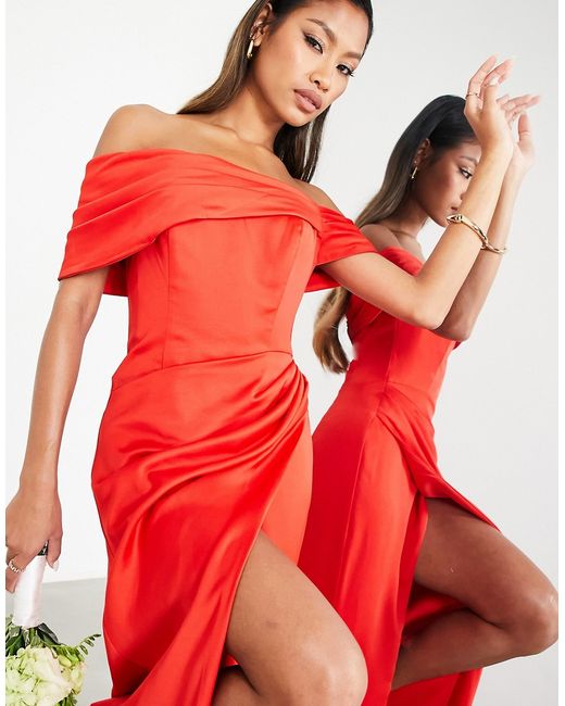ASOS Edition satin bardot drape wrap maxi dress in