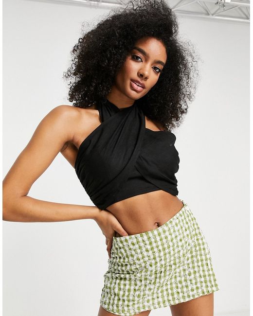 Asos Design natural crinkle halter top with shirred waist in