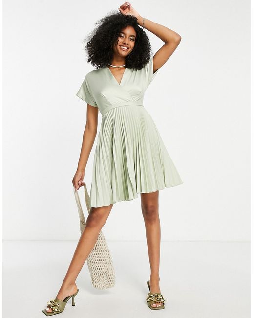Closet London wrap front pleated midi skater dress in sage-