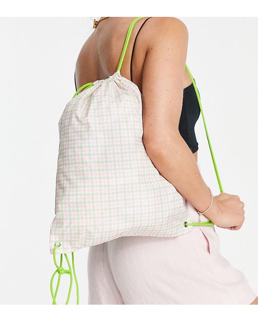 Daisy Street Exclusive drawstring backpack in pink and green gingham-