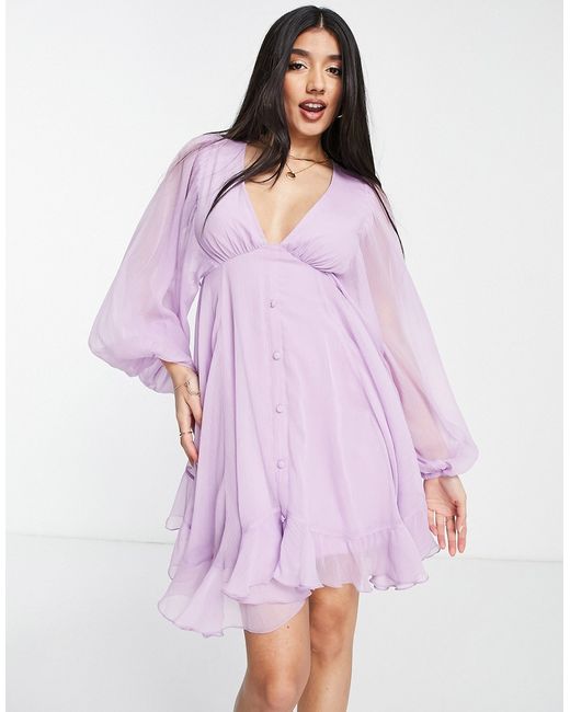 Asos Design button detail mini dress with blouson sleeve in lilac-