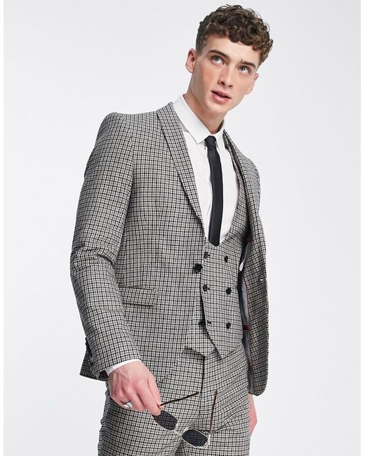 Twisted Tailor pudwill slim fit suit jacket in beige and navy micro check-