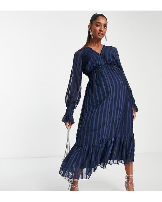 ASOS Maternity DESIGN Maternity satin stripe midi dress with blouson sleeve and button detail in