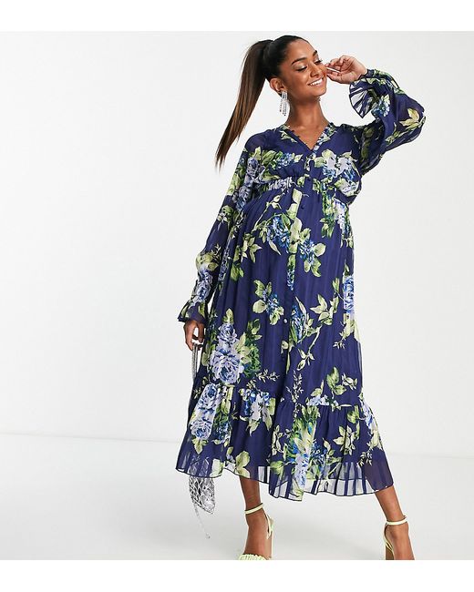 ASOS Maternity DESIGN Maternity satin stripe midi dress with blouson sleeve and button detail in navy floral print-