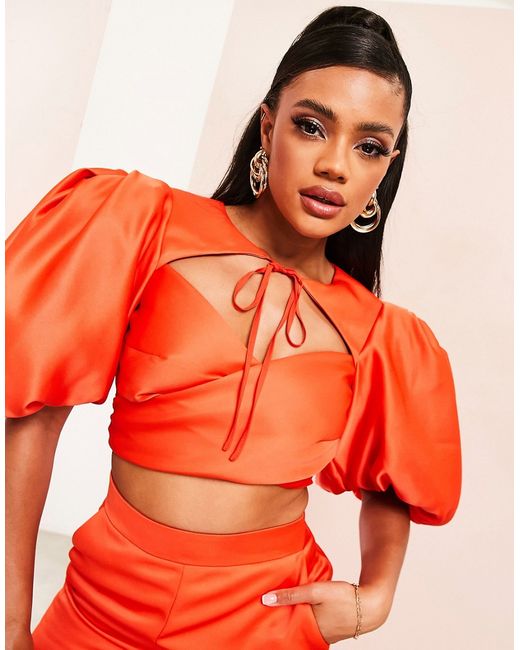 ASOS Luxe puff sleeve wrap satin top in part of a set