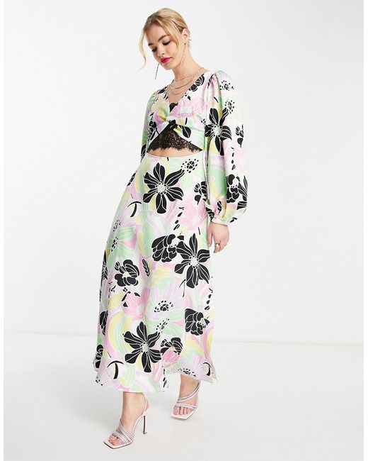Asos Design lace insert satin midi tea dress in bold floral print-