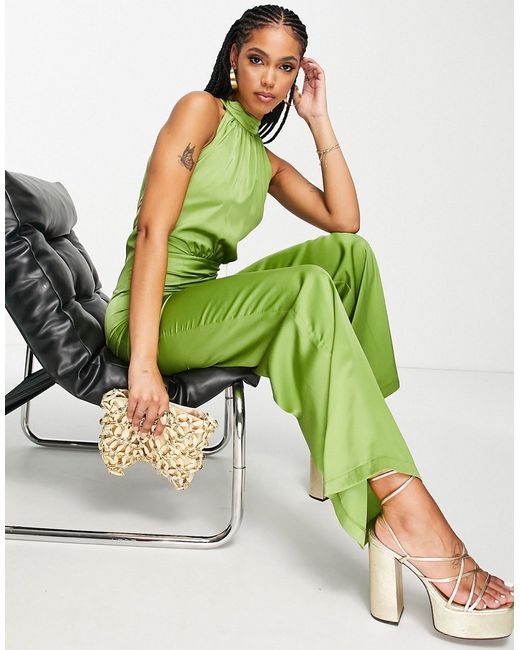 Aria Cove satin high neck open back wide leg jumpsuit in lime-