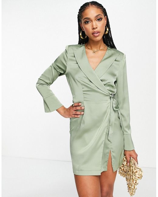 Aria Cove satin wrap dress with split detail in sage-
