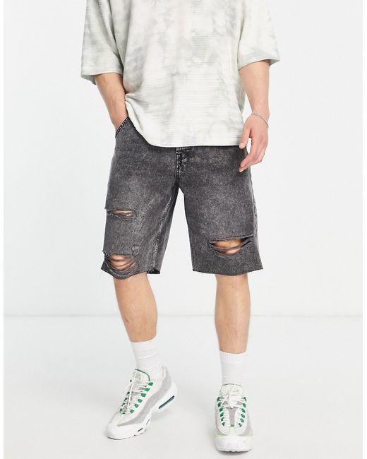 Only & Sons loose fit denim shorts in wash with rips