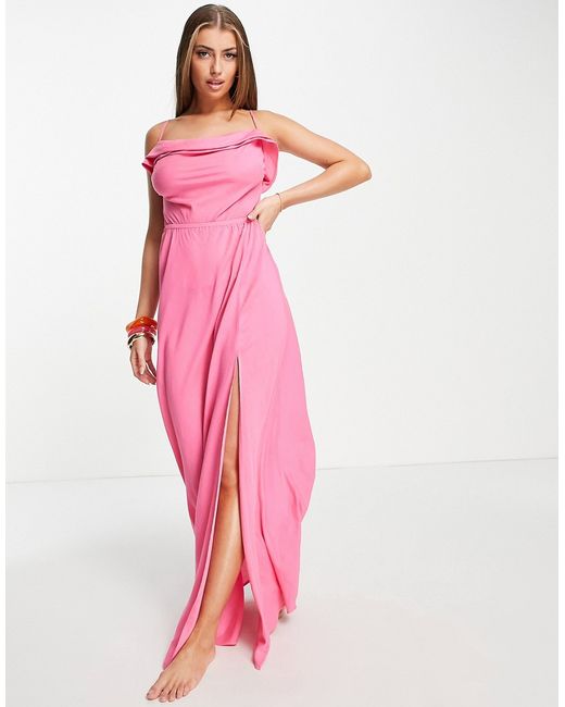 Asos Design Fuller Bust drape detail low back beach maxi dress in pink-