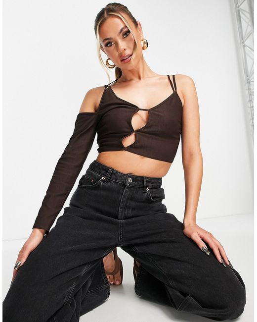 Asos Design one sleeve strappy cut out top in chocolate