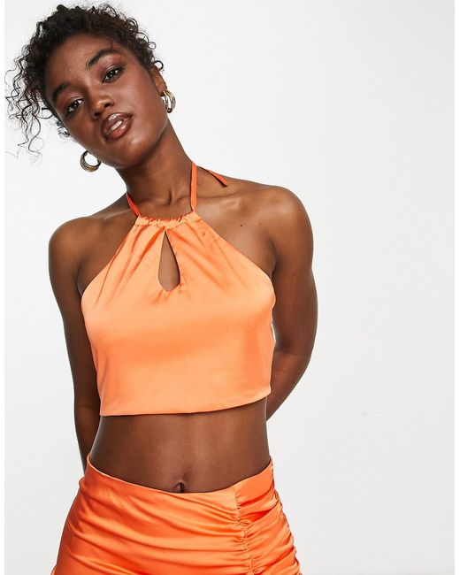 Pepper Mayo Peppermayo satin keyhole detail halterneck crop top in part of a set
