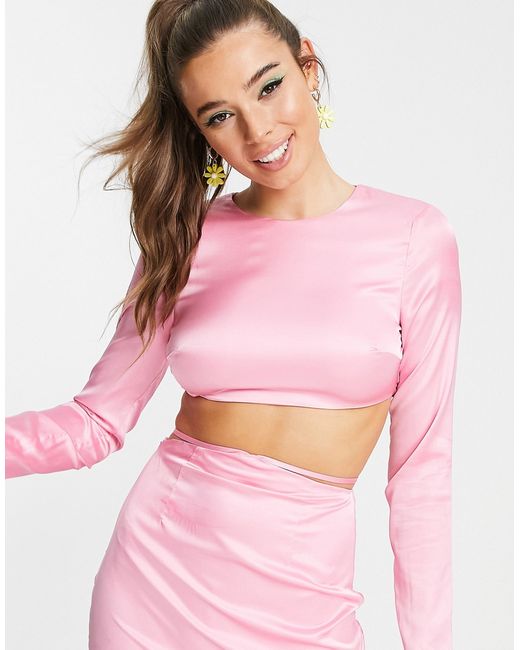 Pepper Mayo Peppermayo satin long sleeve strappy open back crop top in part of a set