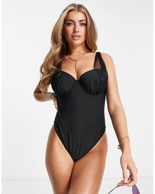Wolf & Whistle Fuller Bust Exclusive underwire swimsuit with mesh strapping detail in