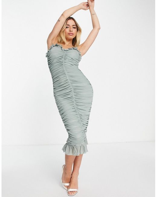 Little Mistress ruched mesh body-conscious dress in sage