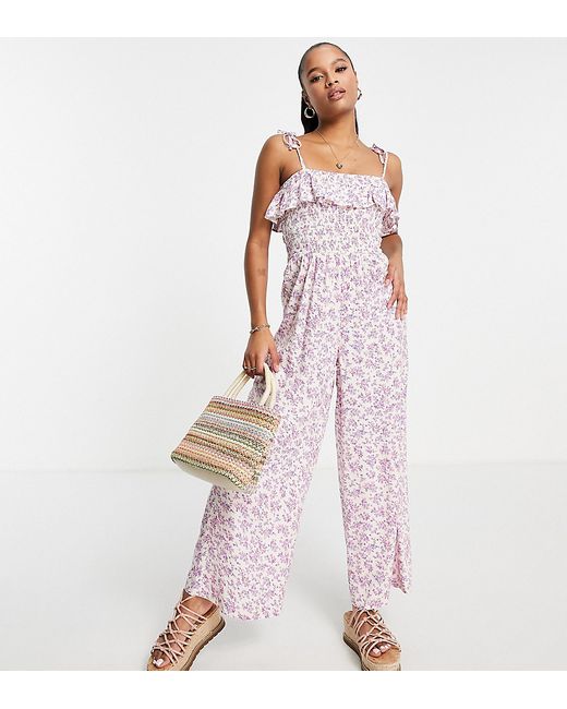 Miss Selfridge Petite eco strappy shirred jumpsuit in lilac ditsy-