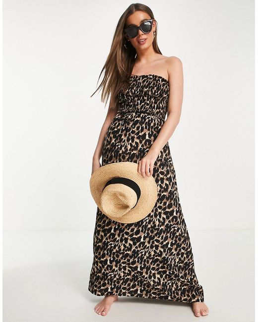 Influence bandeau beach maxi dress in leopard print-