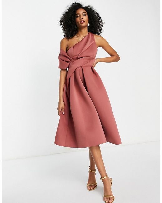 Asos Design bare shoulder prom midi dress in rose-