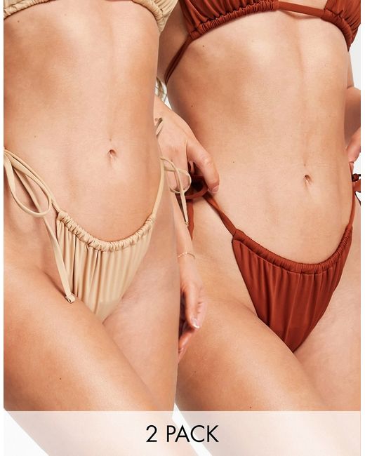 Asos Design recycled 2 pack tie side bikini bottom in neutral tones-