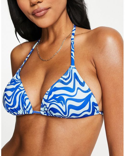 Monki triangle bikini top in wavy print