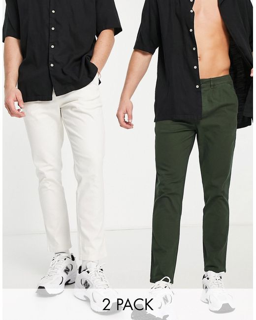 Asos Design 2 pack cigarette chinos in off white and khaki save-