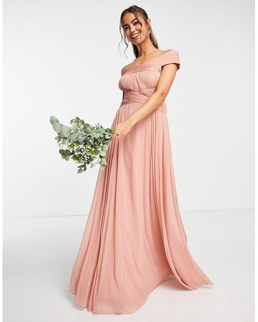 Asos Design Bridesmaid off shoulder ruched bodice maxi dress with skirt pleat detail-