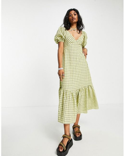TopShop textured plaid bust cup midi dress in lime-
