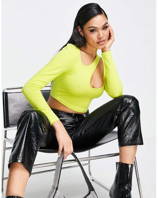 Asos Design asymmetric crop top with long sleeve and keyhole in lime-