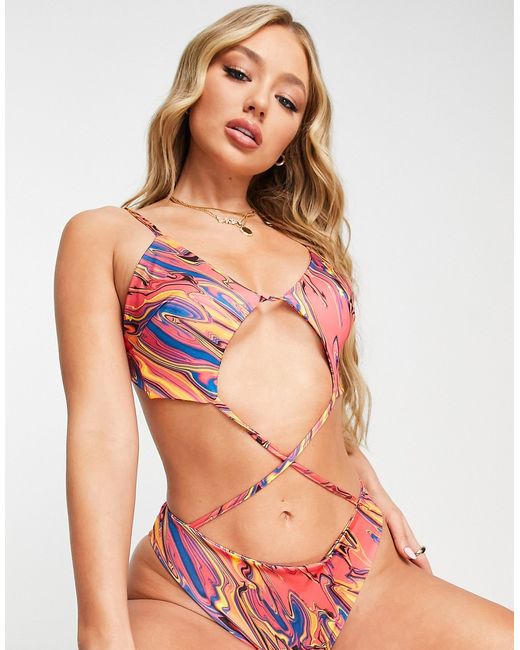 I Saw It First tie front swimsuit in bright print-