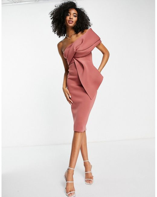 Asos Design peekaboo shoulder tuck midi pencil dress in rose-