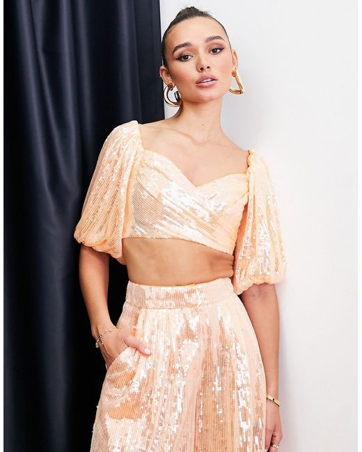 ASOS Edition off shoulder crop top in apricot sequin part of a set-