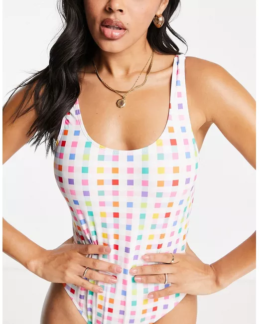 Urban Threads scoop back swimsuit in white and plaid