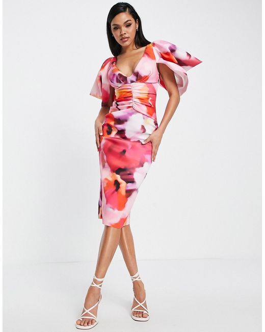 Asos Design volume sleeve ruched front midi pencil dress in pink smudge print-