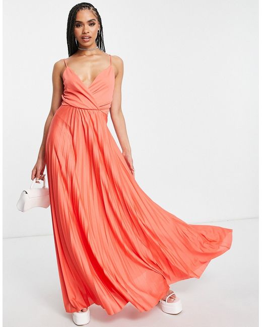 Asos Design tie waist pleated maxi dress in Coral Pink-