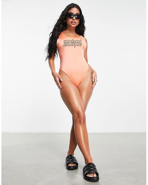 Asos Design Weekend Collective scoop neck swimsuit with logo in peach-