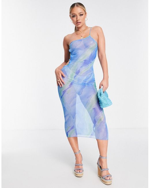 Asos Design one shoulder mesh beach midi dress in swirl